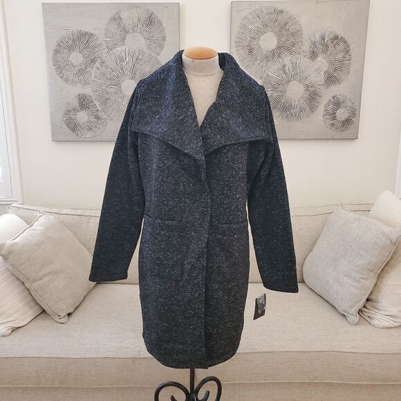 NEW! Steve Madden Shawl Collar Knit Long Coat - size Large in Black - Picture 5 of 15